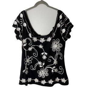 Lauren Michelle Blouse Size Large Top Short Sleeves Floral Embellished Black